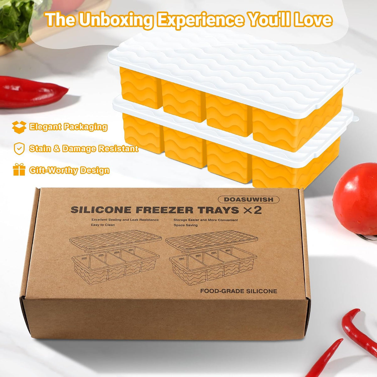 Doasuwish Silicone Freezer Molds for Soup with Lid – 1-Cup Soup Container Style Ice Cube Trays for Freezer, Meal Prep & Food Storage, Freeze 250mL/125mL Portions – 2 Pack