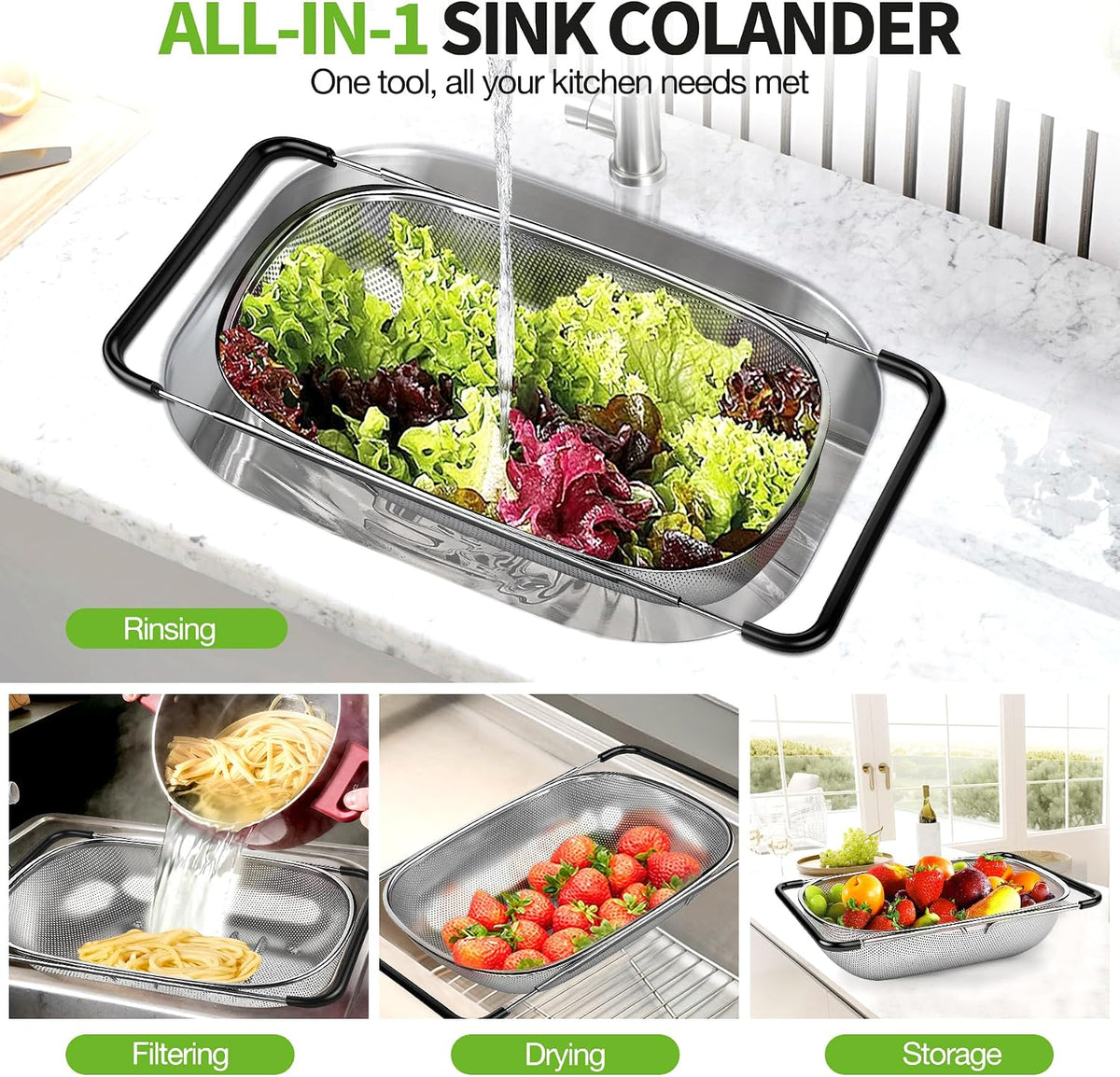 FirstE Stainless Steel Over the Sink Colander Strainer Basket 6 Quart