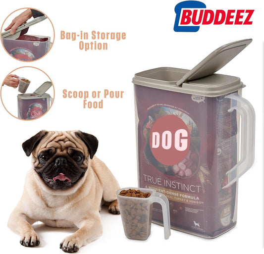 Buddeez Pet Food Storage Container - 8 Quart Capacity Dog / Cat Food & Bird Seed Container with Durable EZ Grip Handle, Flip Gray Lid (includes 1 Cup Clear Scoop)