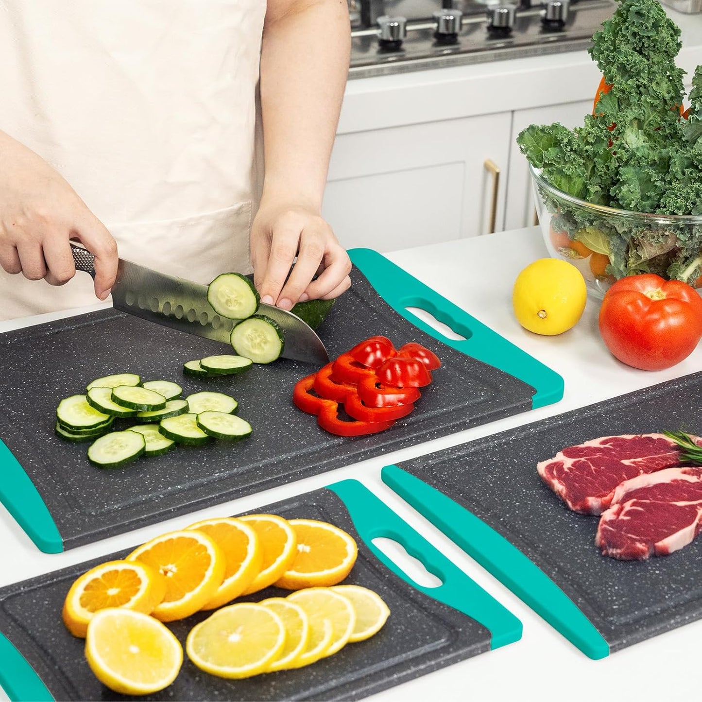 Extra Large Cutting Boards, Plastic Cutting Boards for Kitchen (Set of 3) Cutting Board Set Dishwasher Chopping Board with Juice Grooves Easy-Grip Handles, Dark Grey, Empune
