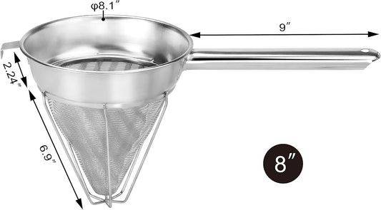 New Star Foodservice Reinforced Bouillon Strainer, 8-Inch, Fine Mesh, 18/8 Stainless Steel, Commercial Kitchen Strainer for Stocks, Sauces, Soups, and Purees
