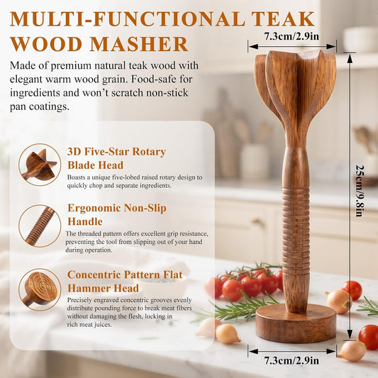Wooden Meat Chopper for Ground Beef, 2-in-1 Dual-Ended Teak Meat Masher and Burger Smasher, 10.5-Inch Tool for Nonstick Cookware
