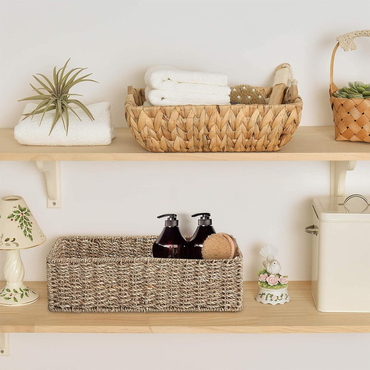 2-Pack Handwoven Water Hyacinth Storage Baskets with Handles, Wicker Bins for Pantry Organization, Shelf or Closet Organizer, Decorative Boho Rectangular Basket 13.5" x 8"
