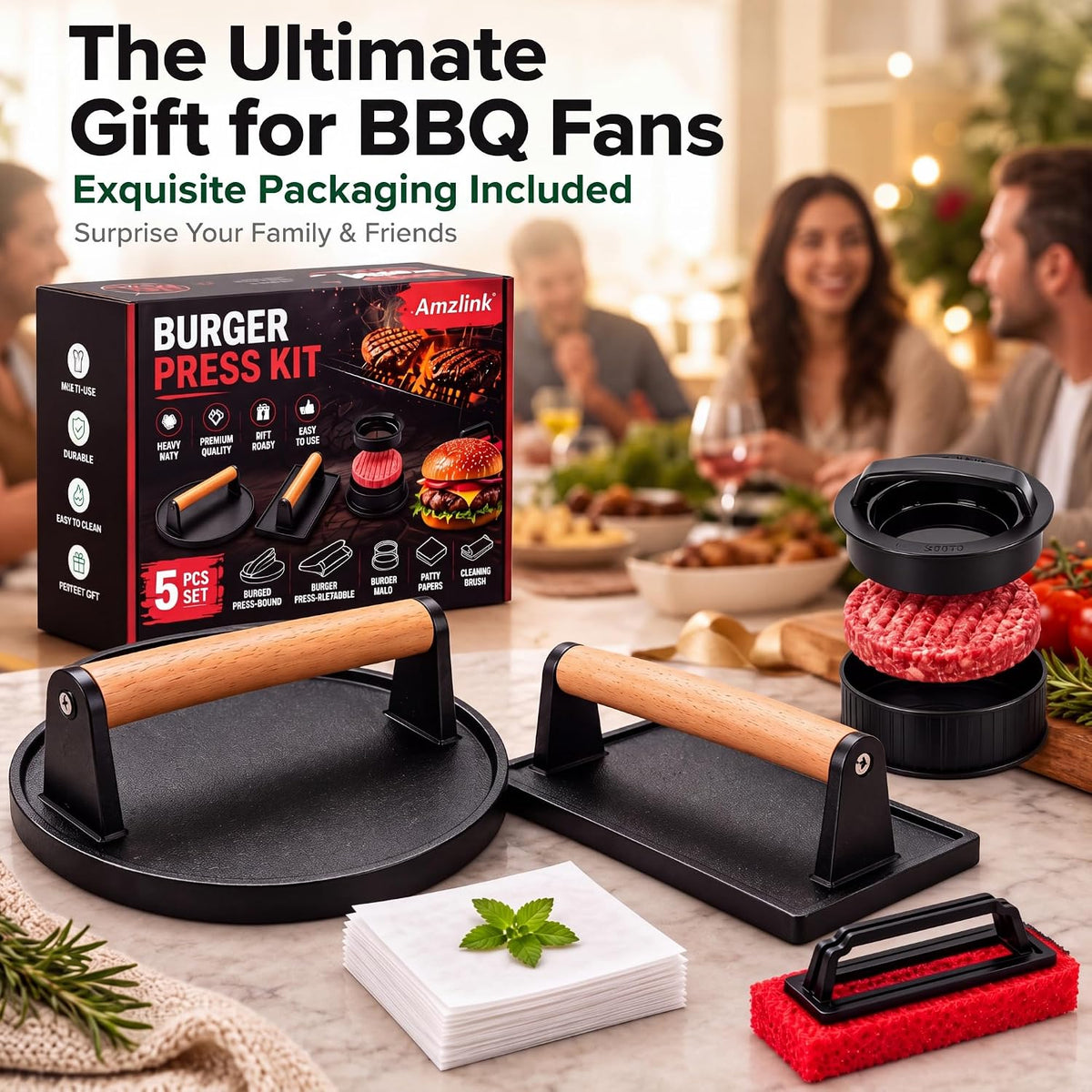 Smash Burger Press Kit, Cast Iron Burger Smasher, Steak Weight