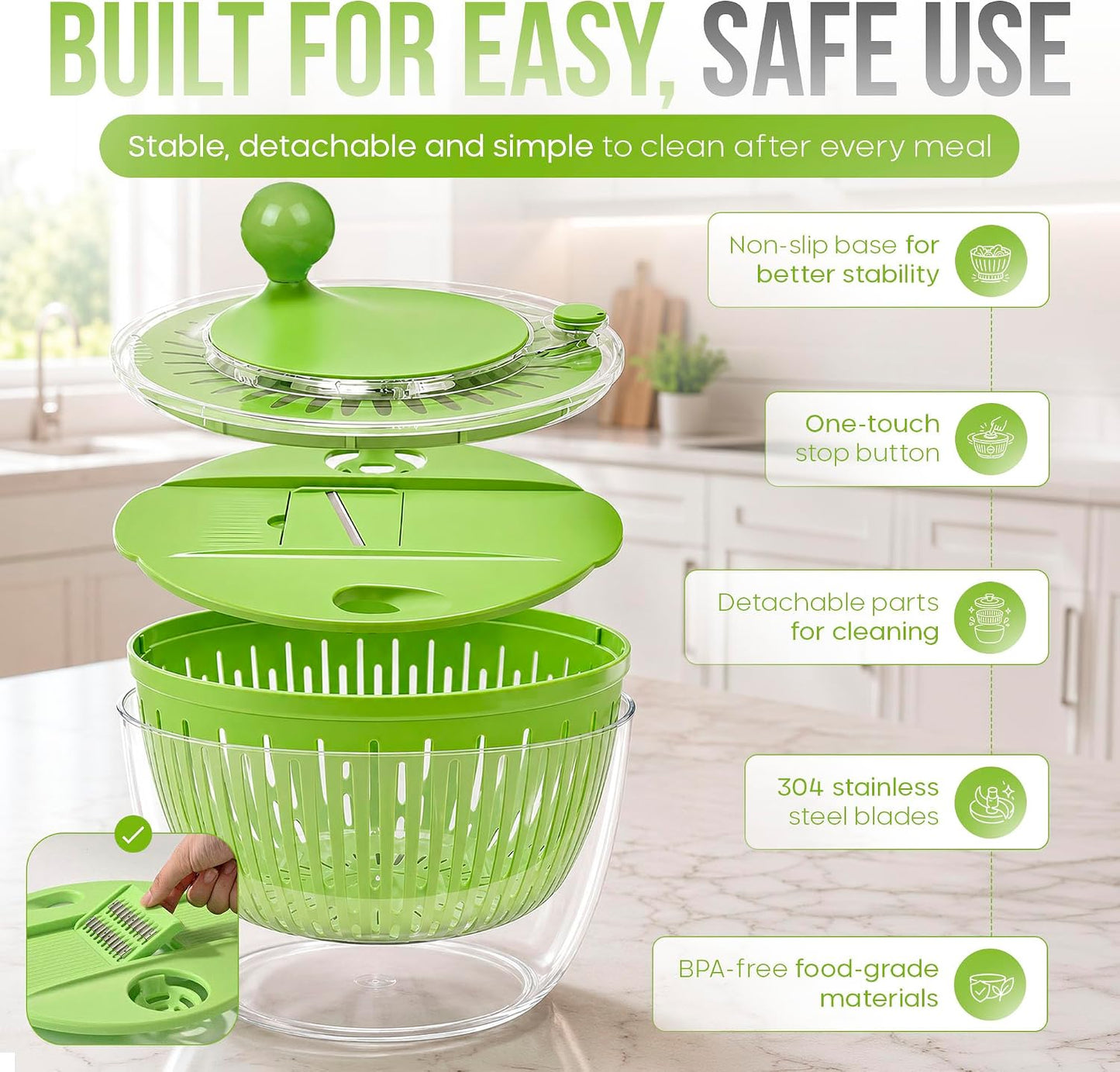 5-in-1 Salad Spinner Large with Lid Vegetable Washer and Dryer Fruit Cleaner Vegetable Chopper & Slicer with 5 Blades, 5 Qt Lettuce Spinner Strainer Shredder Bowl Egg Yolk Separator for Easy Meal Prep