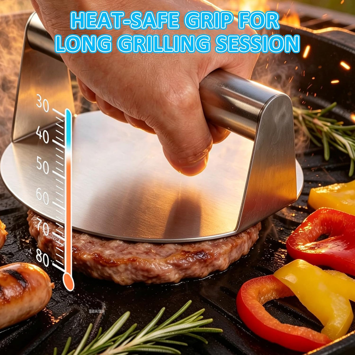 Smash Burger Press, 5.5 inch Stainless Steel Burger Smasher, Griddle & Grill Tool for Non Stick Smooth Hamburger Press, BBQ Griddle Accessories for Hamburger & Patty Maker, Smashburger Press