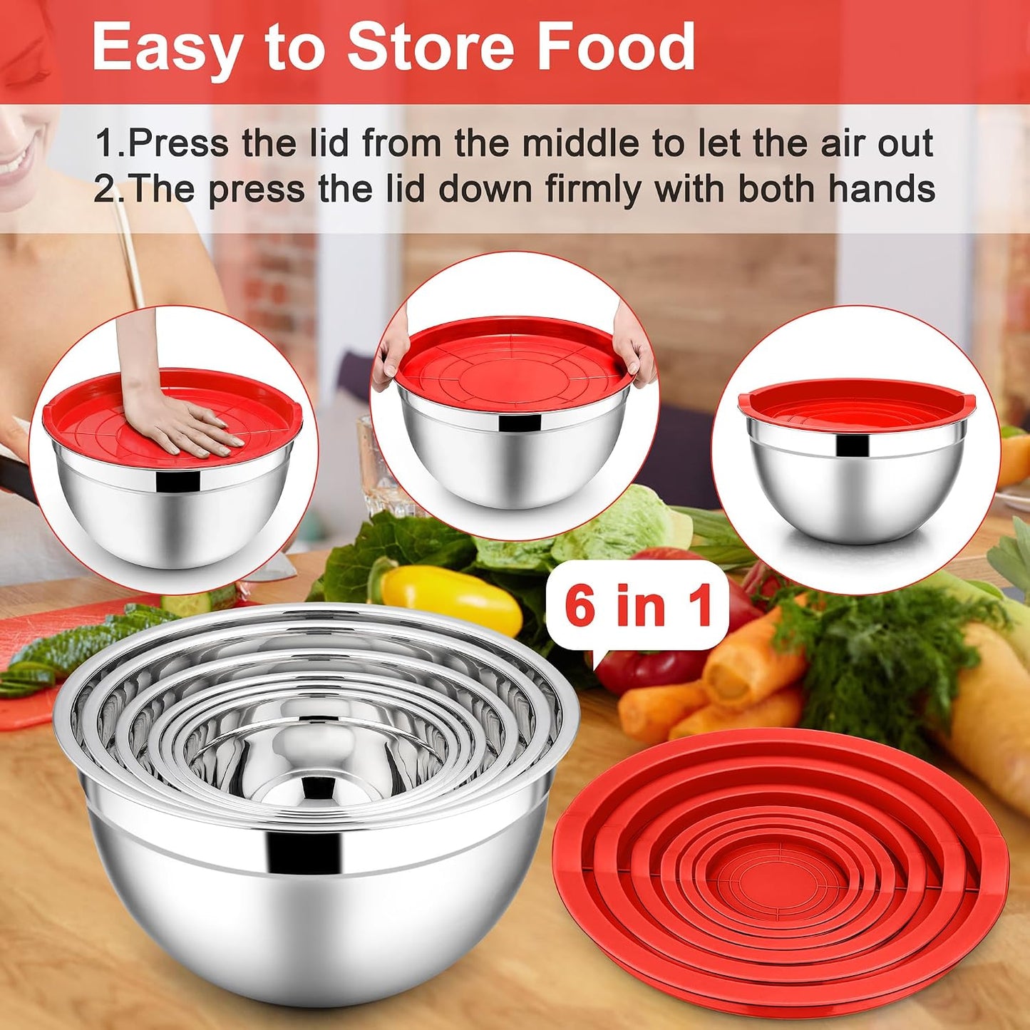 E-far Mixing Bowls With Lids Sets of 5, 10-Piece Stainless Steel Salad Metal Nesting Bowl for Baking Cooking and Prepping, Airtight Lid & Stackable Design, Size 4.6, 3, 2.1, 1.5, 0.7 QT, Black