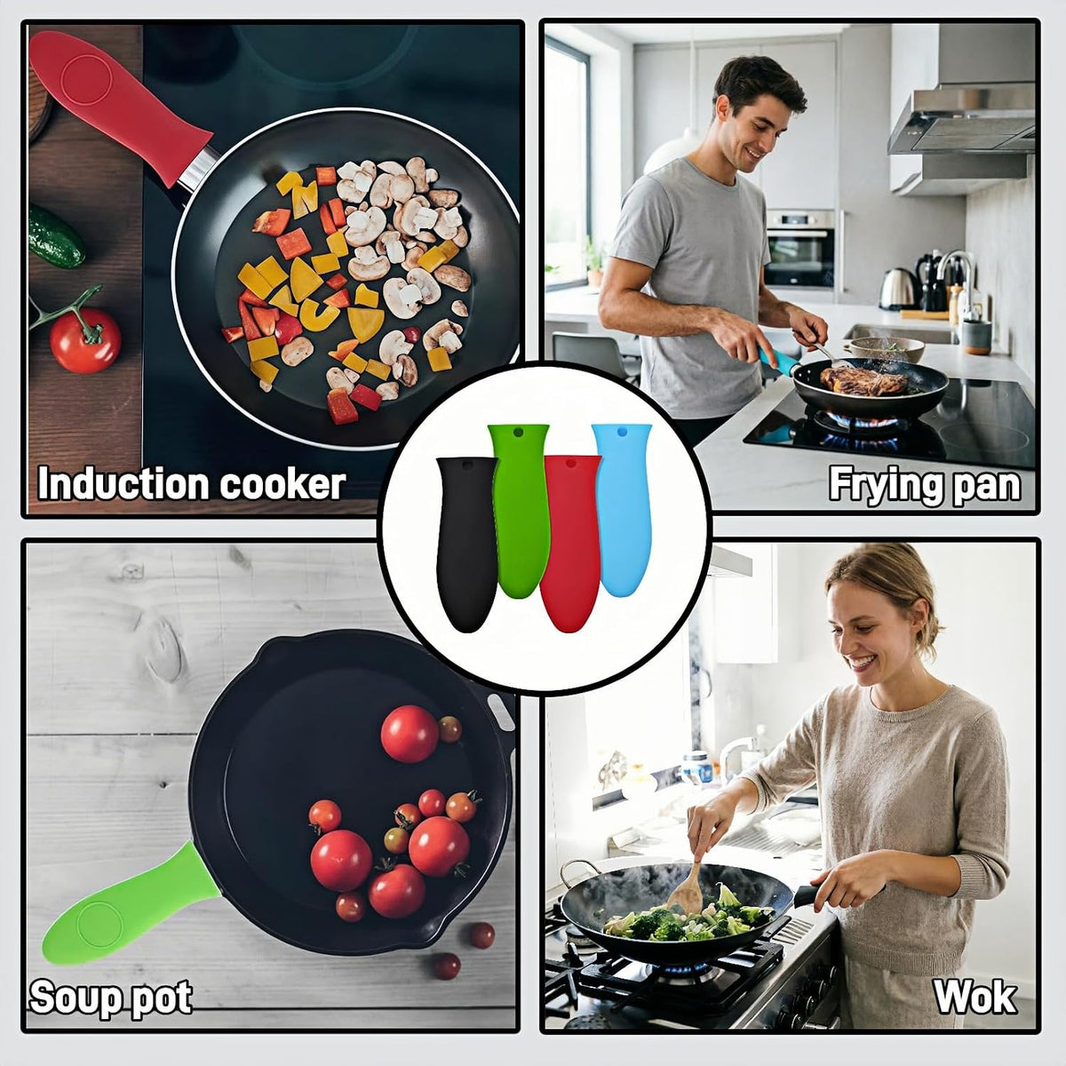 Silicone Hot Handle Covers for Cast Iron Skillet, Pan and Pot, Heat Resistant up to 446°F, 4 Colors, Set of 4