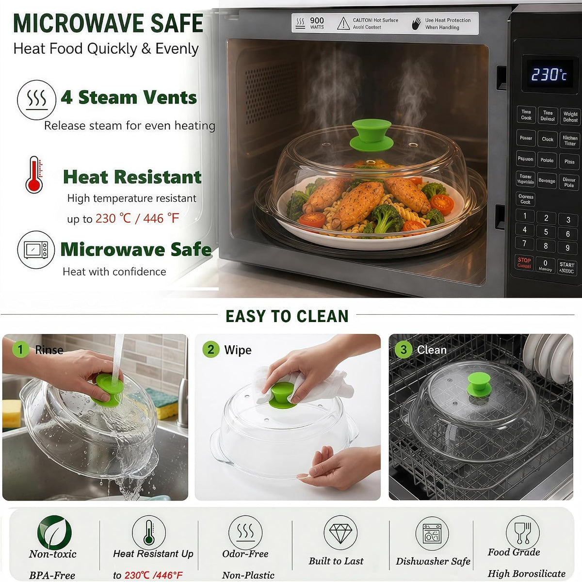 Glass Microwave Splatter Cover for Food 10 inch, 4 Vents, Heat Resistant