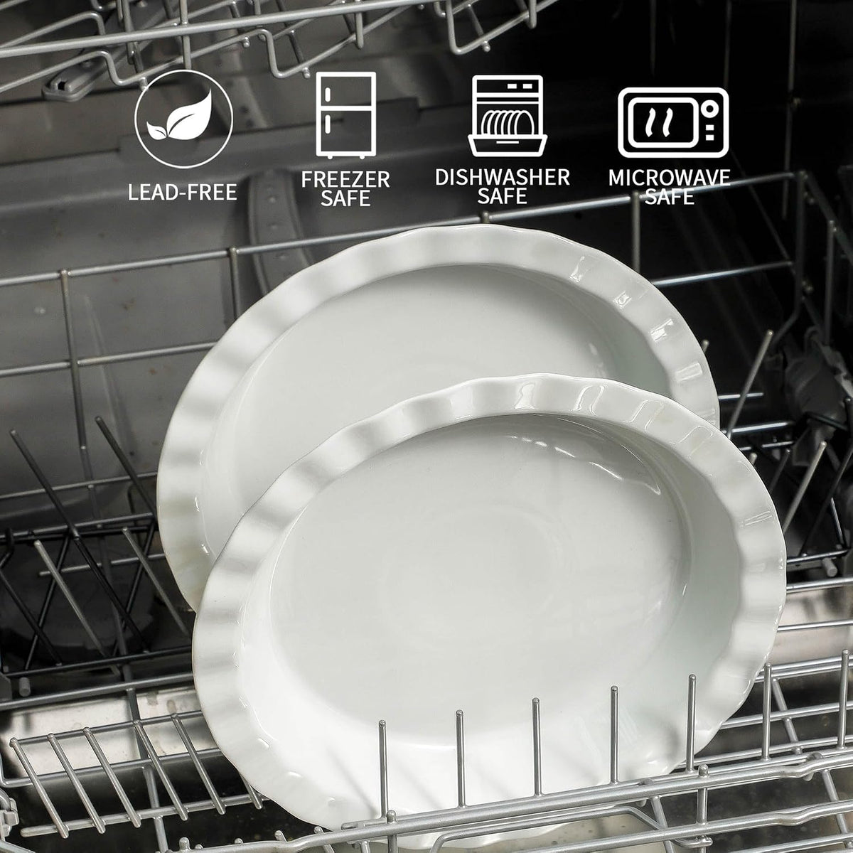 9 Inch Porcelain White Pie Pans – Set of 2, 40 oz Fluted Edge Non-Stick Baking Dishes for Apple Pies, Quiches, Pot Pies & Desserts – Pie Plates, Quiche Dish, Pie Weights Compatible
