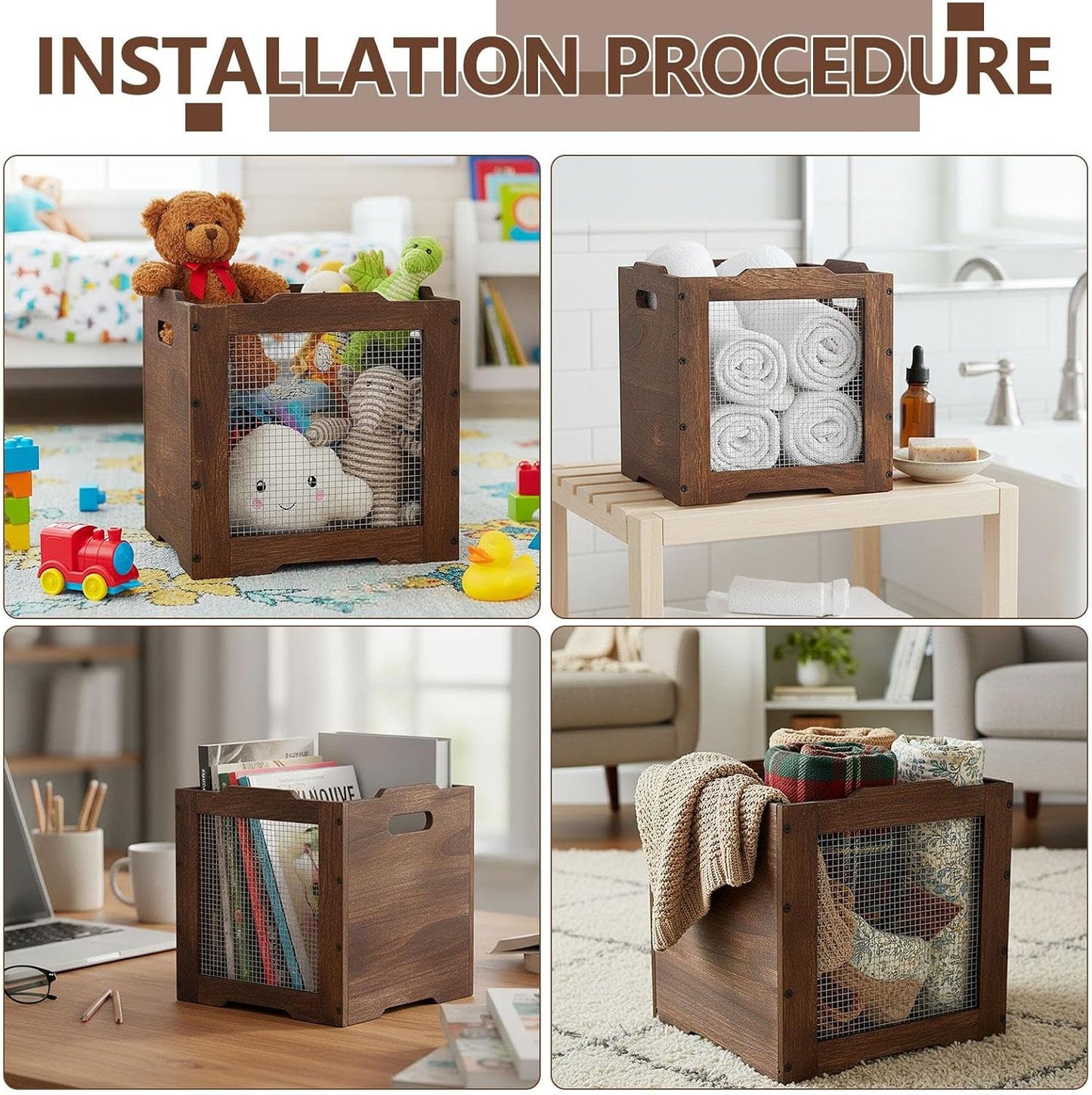 Amyhill 2 Pack Stackable Wood Storage Bins with Metal Wire and Handles 11 x 11 x 11 Inch, Wooden Storage Crate Basket for Shelves Pantry Cube Holder Book Fruit Vegetable Clothes Dark Brown