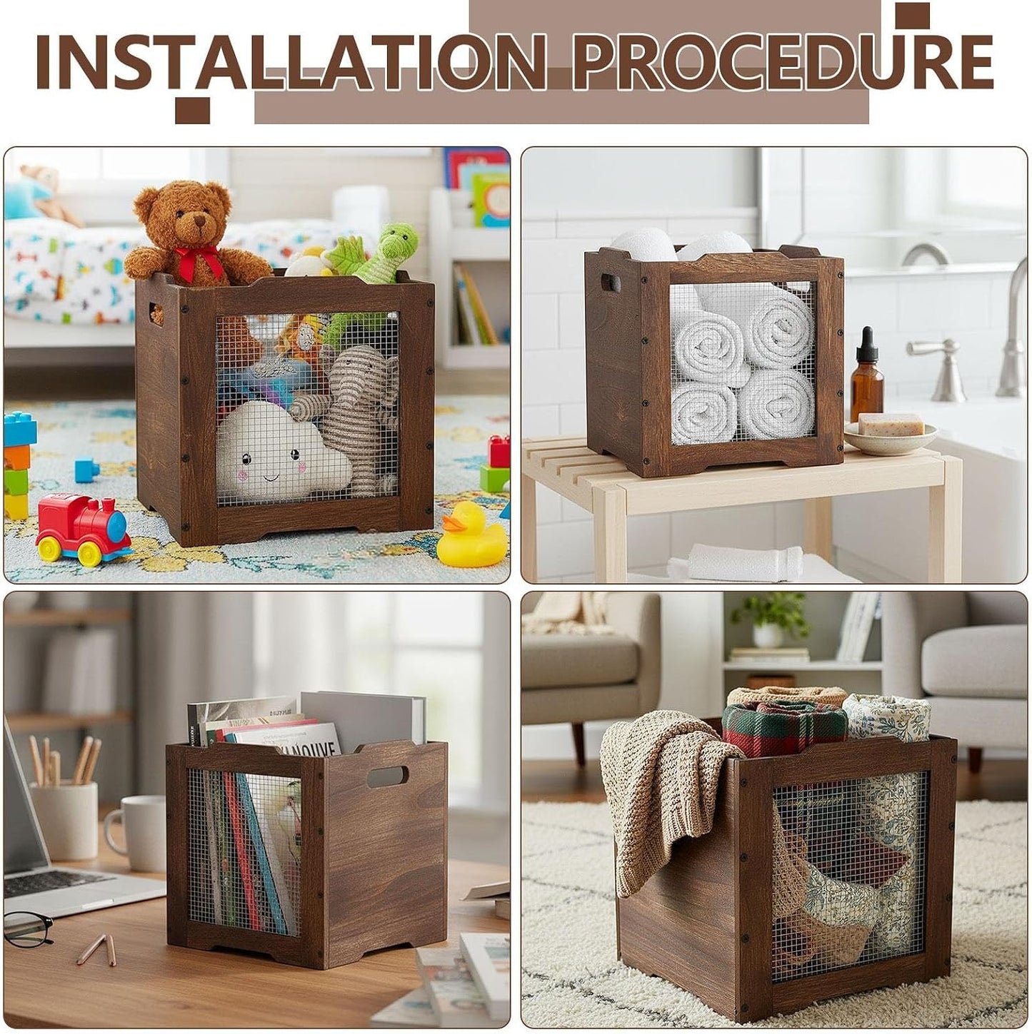 Amyhill 2 Pack Stackable Wood Storage Bins with Metal Wire and Handles 11 x 11 x 11 Inch, Wooden Storage Crate Basket for Shelves Pantry Cube Holder Book Fruit Vegetable Clothes Dark Brown