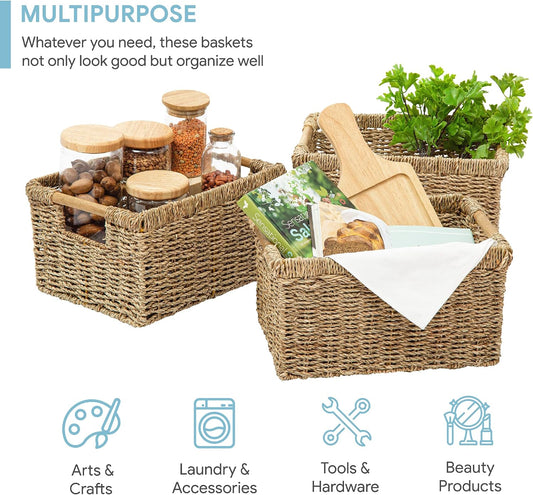 Natural Water Hyacinth storage basket with Handle, Rectangular Organizing Basket for Organizing, Decorative Wicker Storage Bins for Living Room, Medium Wicker Baskets - 3 Pack Medium