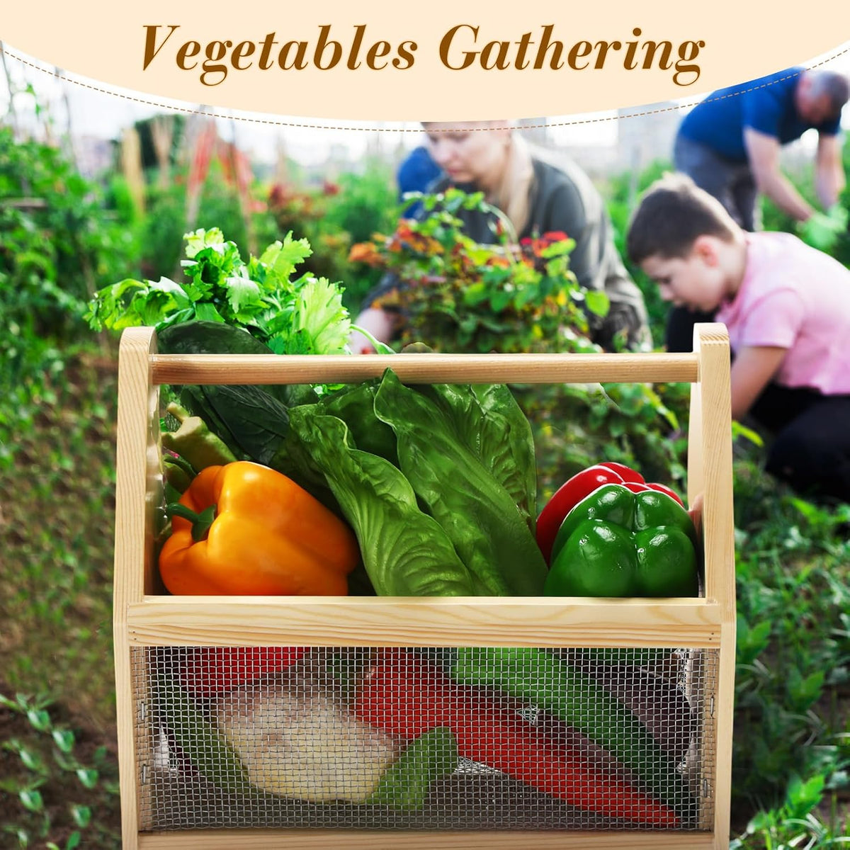 Colingmill Garden Hod Harvest Basket for Women Father Gift Garden Harvesting Basket 20 x 6 x 8 Inch Pine and Metal Mesh Gardening Hod with Handle Vegetable Fruit Gathering Gardener Supply