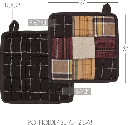 VHC Brands Cotton Pot Holder Set of 2, Heat Resistant, Kitchen Potholders, Wyatt Collection, Square 8x8, Crimson