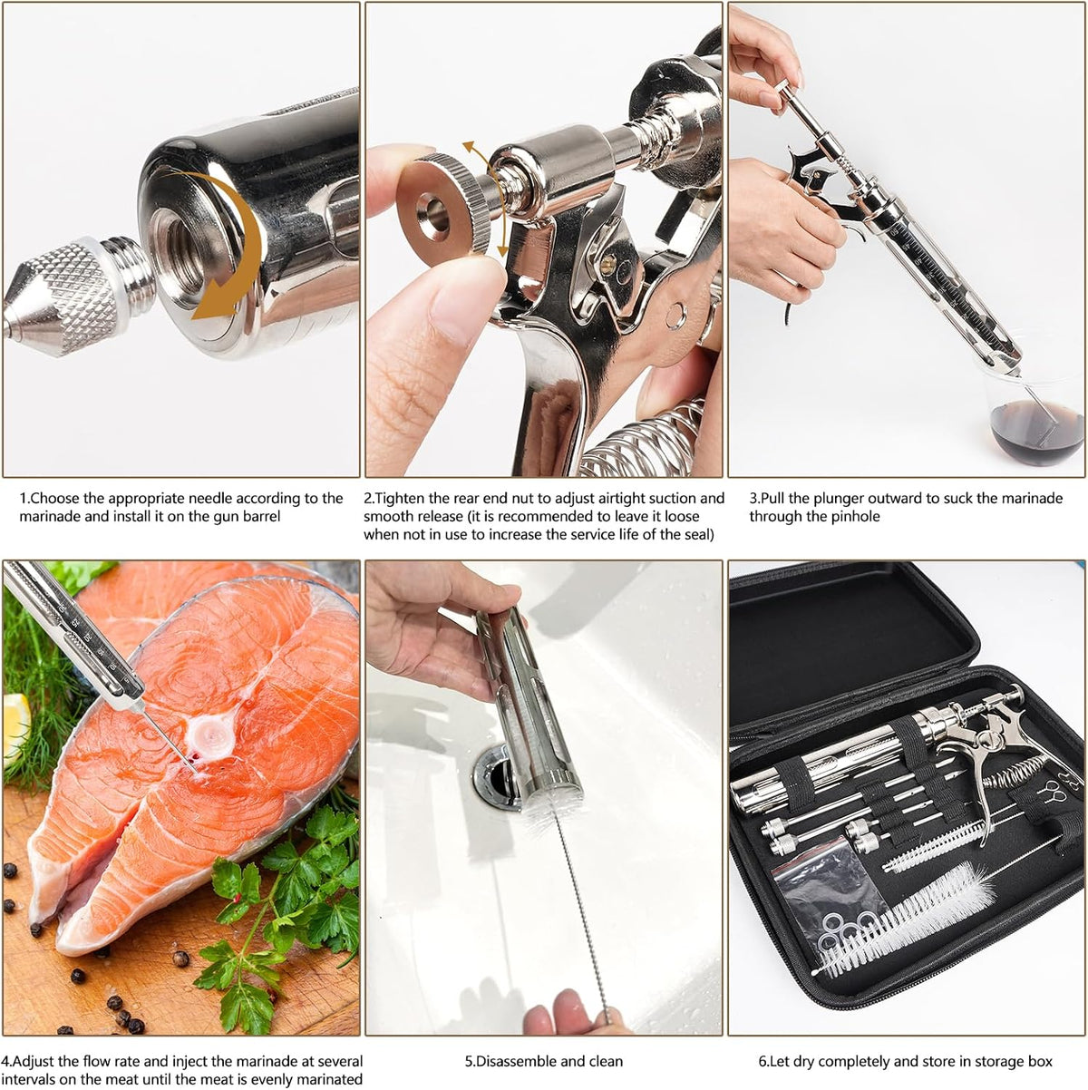 Premium Meat Injector Kit - Stainless Steel Marinade Syringe with 4 Needles, Leak-Proof, Food-Grade Injector for BBQ, Turkey, Chicken, and Grilling(9.15in)