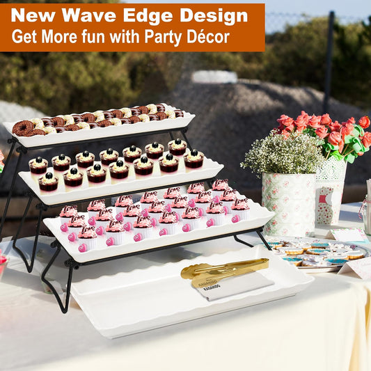 KAQAHIDO Extra Large 4 Tier Serving Tray Set, 34x22x10 inch Wave Edge Melamine Dessert Table Display Set, Tiered Trays Stand for Party Buffet Entertaining, Gold and White