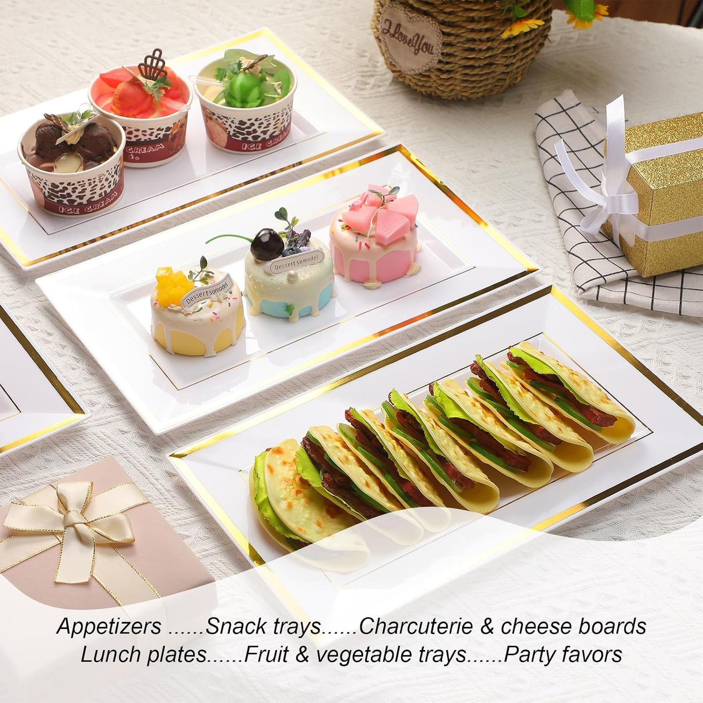 Uiifan 30 Pcs Plastic Serving Tray Bulk White Gold Rim Elegant Rectangle Disposable Plastic Dessert Table Display Set Serving Trays Platter for Weddings Birthday Party Food Fruit Dessert 8 x 13 Inch