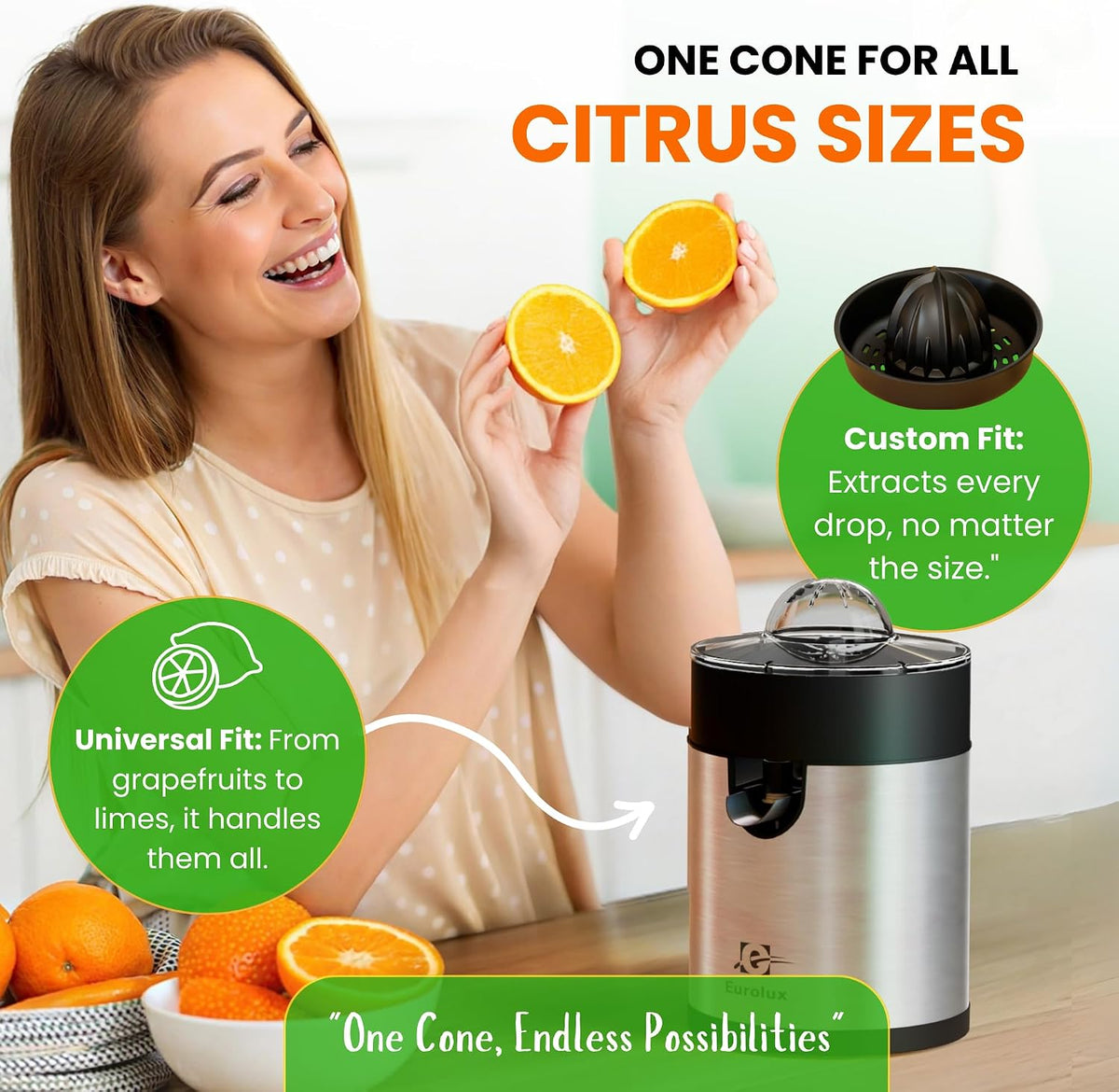 Eurolux Electric Orange Juicer, Sleek Effortless Citrus Juice Squeezer for Lemon, Lime, Grapefruit | Powerful Motor, Easy to Clean, Removable Dishwasher-Safe Parts