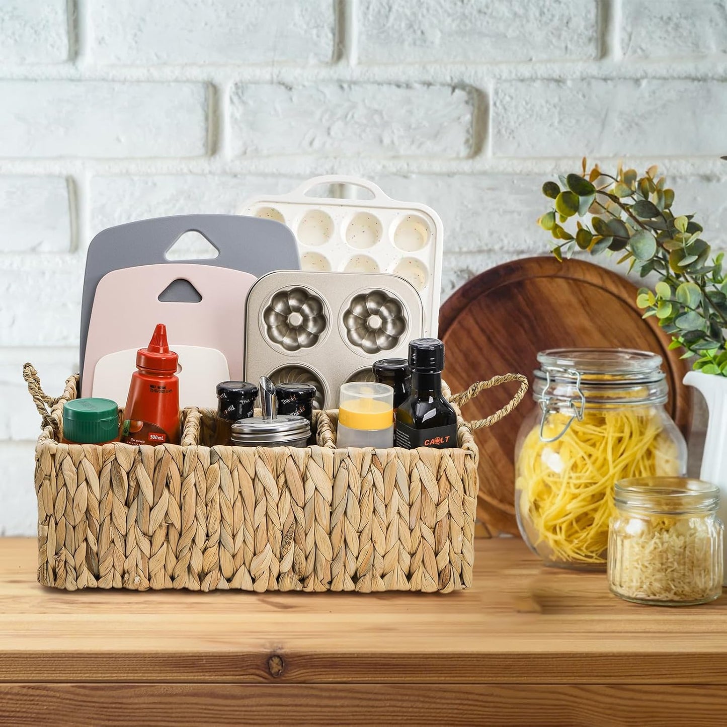 Divided Water Hyacinth Storage Basket, 4 Section Natural Wicker Storage Bin, Woven Storage Organizer with Handle, Large Basket for Shelves Countertop Bathroom Pantry, 16" L x 10.5" W x 5.5" H