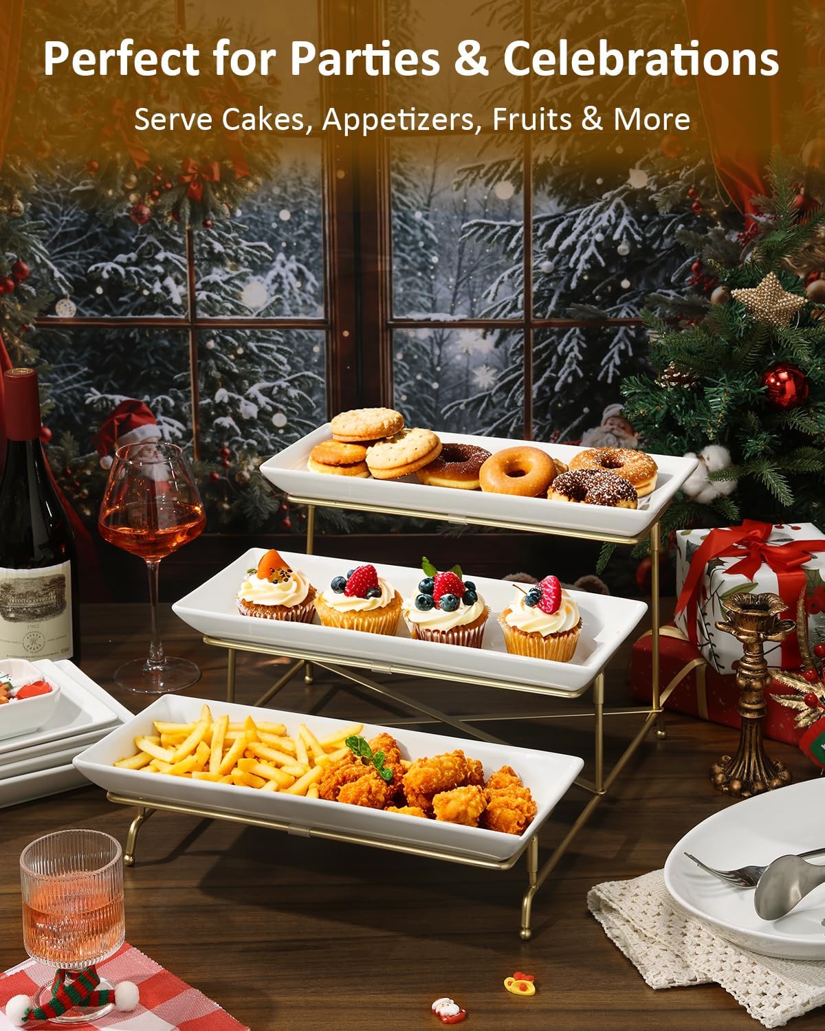 Yedio 3 Tier Serving Trays for Party, Porcelain Serving Platters and Trays, 12 Inch Tiered Tray Stand, Fruit Tray, Trays for Serving Food, White Dessert Stand with Collapsible Sturdier Metal Rack