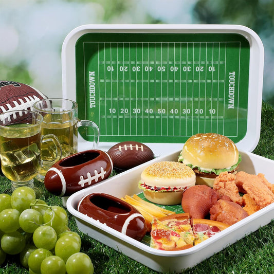 Vesici 4 Pcs Football Stadium Chip and Dip Sports Serving Set with 2 Ceramic Bowls and 2 Melamine Trays for Football Tailgate Decorations