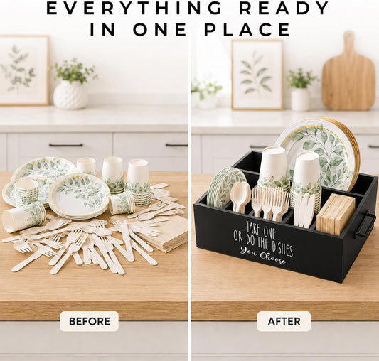 Paper Plate Holder, Plastic Silverware Caddy, Plastic Utensil Dispenser for Party Buffet Camping BBQ, Disposable Spoon Fork Knives Dish Cup Napkin Storage Organizer for Kitchen Counter (White)