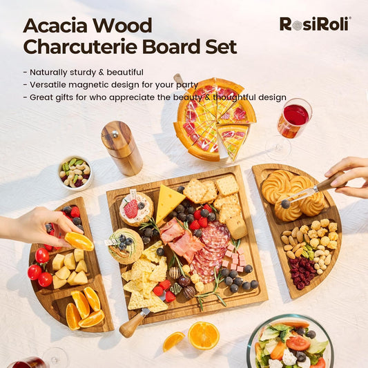 Charcuterie Board and Serving Set -Natural Bamboo Cheese Board Snack Tray Set with Magnetic - House Warming Gifts New Home, Wedding Gift, Bridal Shower Gift, Gifts for Mom & Women