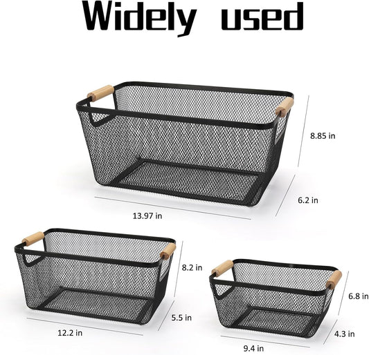 Wire Basket, 3 Pack Metal Mesh Pantry Basket with Wooden Handle for Organizing, 3 Sizes Black Wire Steel Bins Pantry Organizers and Storage, Kitchen Fruit Containers for Shelves Cabinets Organization