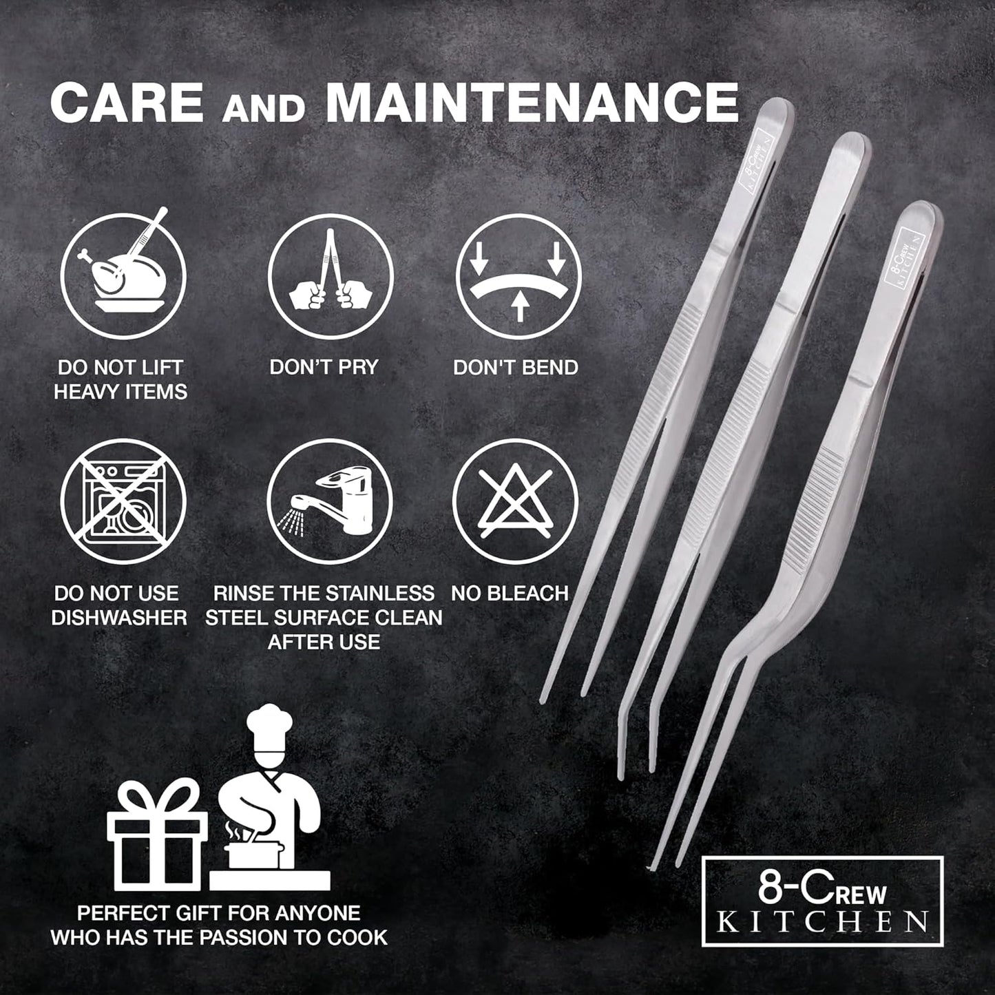 8-CREW KITCHEN Culinary Stainless Steel Tweezers, 6-inch Set of 3 Chef Precision Tongs for Plating, Decorating, Food Design, Bar and Multi-Purpose