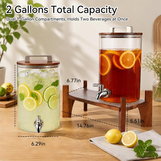 2 Pack 1 Gallon Drink Dispensers for Parties, Glass Drink Dispenser, Beverage Dispenser with Acacia Wood Lid & Stand, Lemonade Dispenser with Stainless Steel Spigot, Water Dispenser for Juice Tea