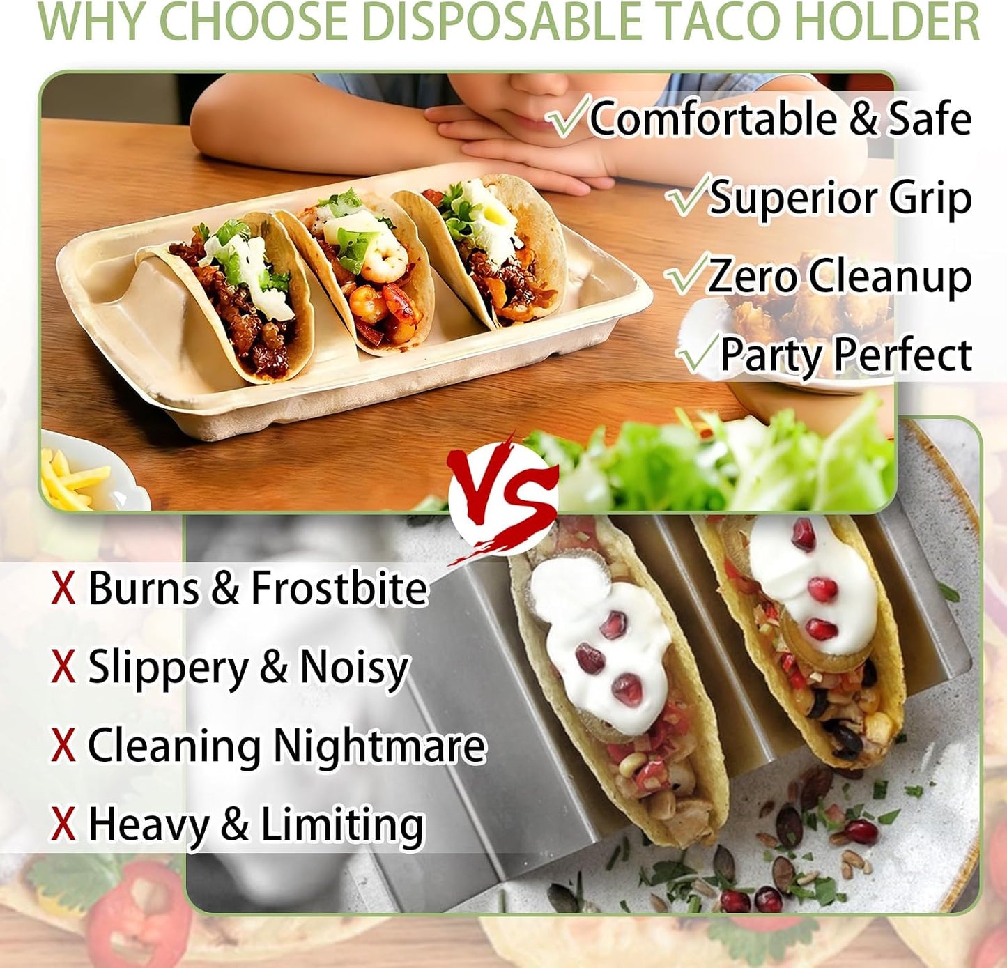 50 Pcs Disposable Taco Holders for Party, Premium Paper Taco Plates with 3 Dividers, Fiesta Taco Holder Trays Stand Rack Serving Set for Taco Tuesday Taco Bar