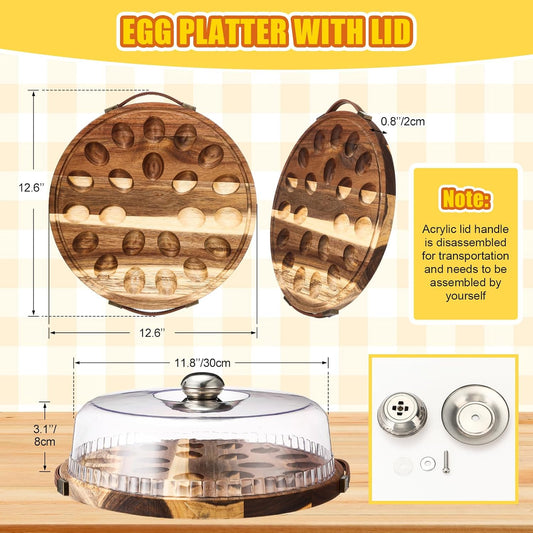 Havawish Wood Deviled Egg Platter with Lid 22 Holes Round Deviled Egg Tray Charcuterie Board Food Serving Container Holder for Countertop Easter Party Supplies(Acacia Wood)