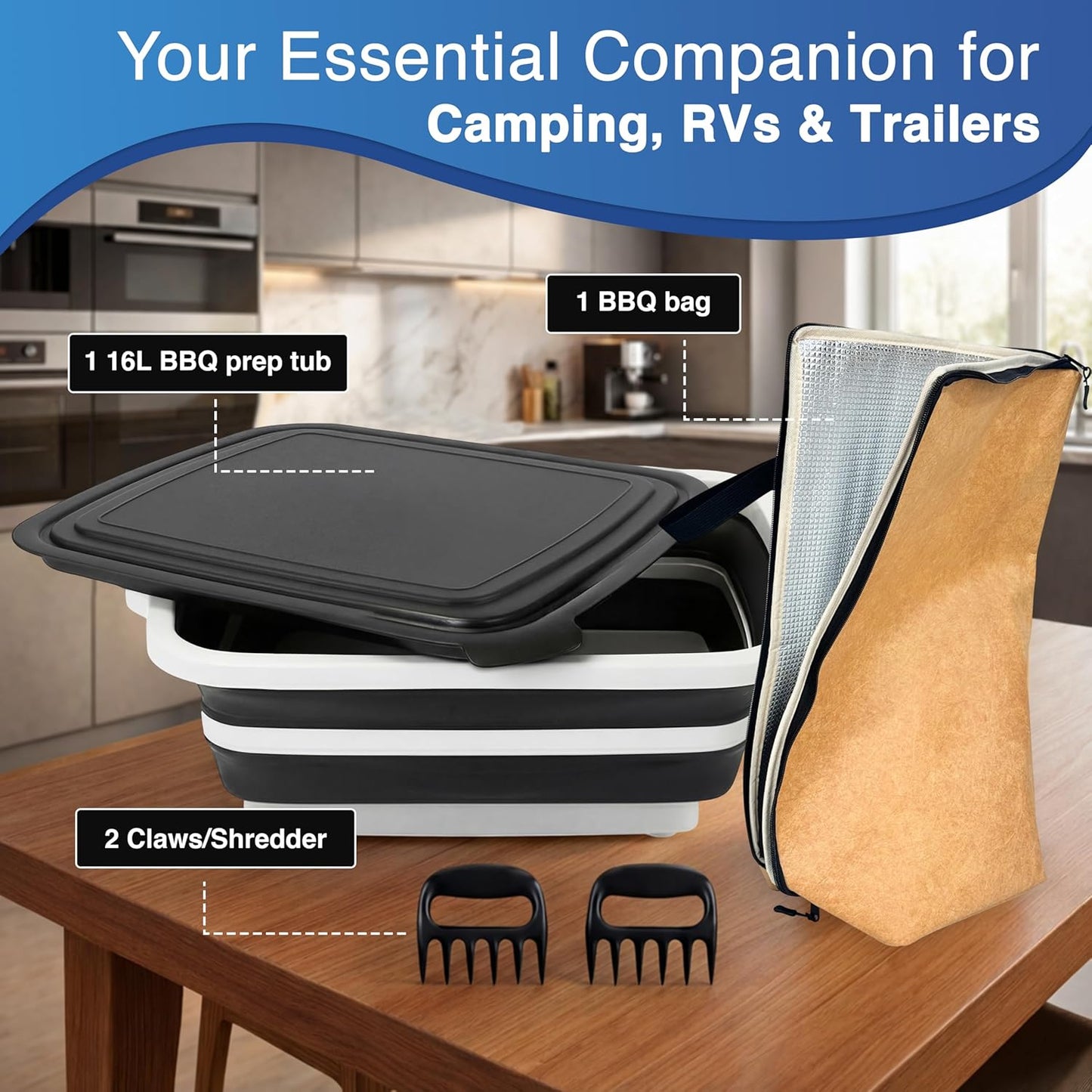 3pcs Barbecue Prep Tub, BBQ Blanket, Meat Shredder Claws | Collapsible 3 in 1 Cutting Board with Colander & Dish Basin, Insulated 21" Meat Resting Bag, Barbecue Grilling Accessories