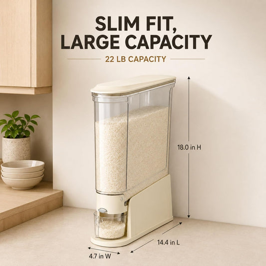 ROOM127 Rice Dispenser 22 Lbs, Large Airtight Grain Container, Cream White | Family Size Storage, BPA-Free, Moisture-Proof Seal, One-Touch Pouring, Clear Window, for Cereal, Beans, Oats & Dry Food
