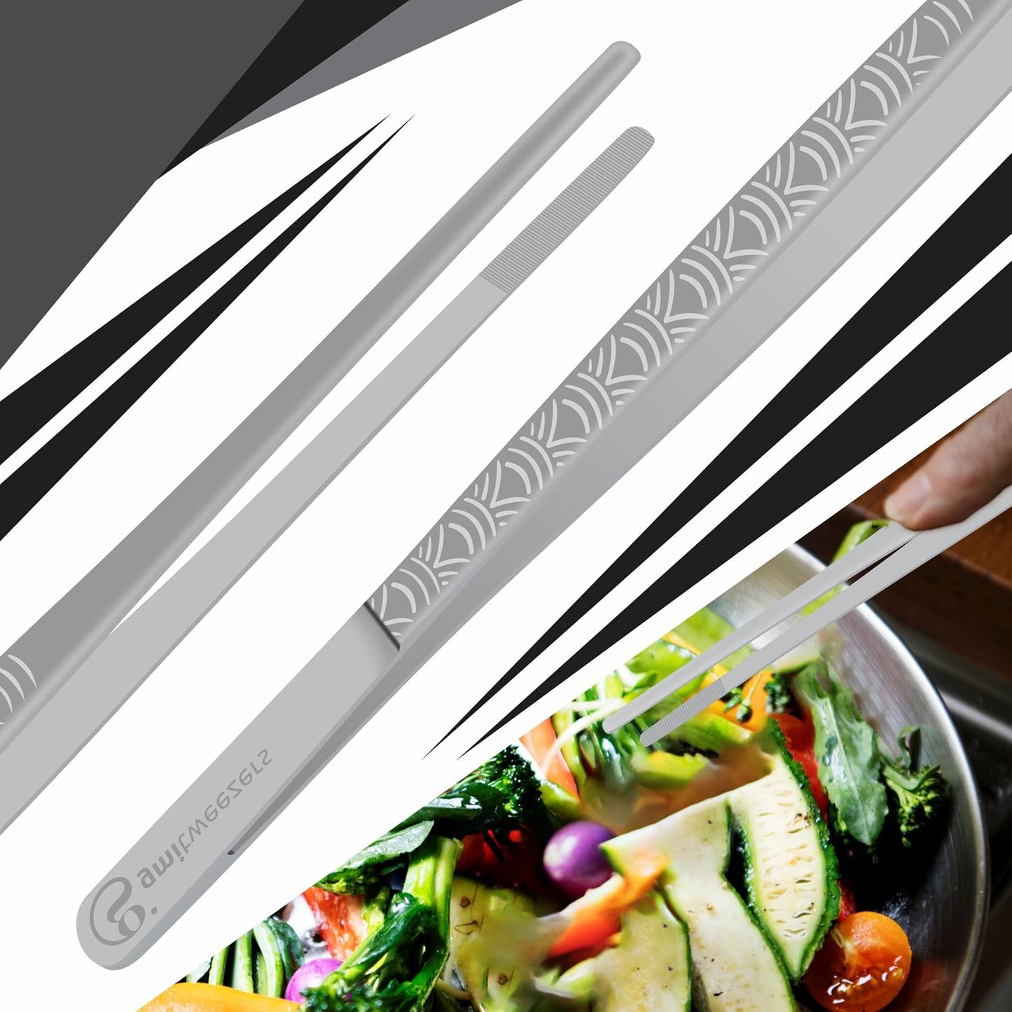 GMI Kitchen Tweezers Tongs 2PCS 12 Inch – Stainless Steel Cooking Tweezers with Serrated Tips, Precision Chef Tongs for BBQ, Grill, Pasta, Salad & Food Plating