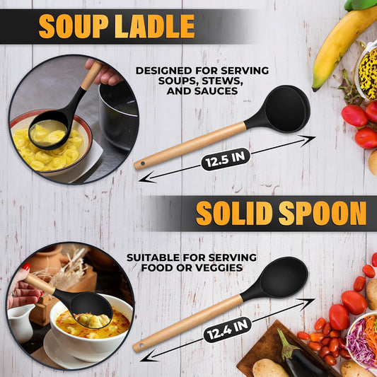 14 PCs Black Silicone Cooking Utensils Set with Holder - Versatile Kitchen Utensils with Sturdy Wooden Handles - Heat Resistance Silicone Kitchen Utensil Set with Holder for All Cooking & Baking Needs