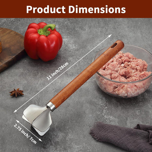 Kyraton Meat Chopper, Stainless Steel Hamburger Grinder With Wood Handle, Premium Heat Resistant Smasher for Ground Beef, Burger Potato Masher Mix Tool, Meat & Poultry Tenderizers