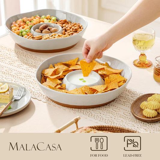 MALACASA Ceramic Chips and Dip Serving Tray, 12 Inch Large Divided Bowls Set for Salsa, Veggies & Dip, Appetizers, Snacks, Free-Form Serving Dish Platter for Parties Hosting & Entertaining, White