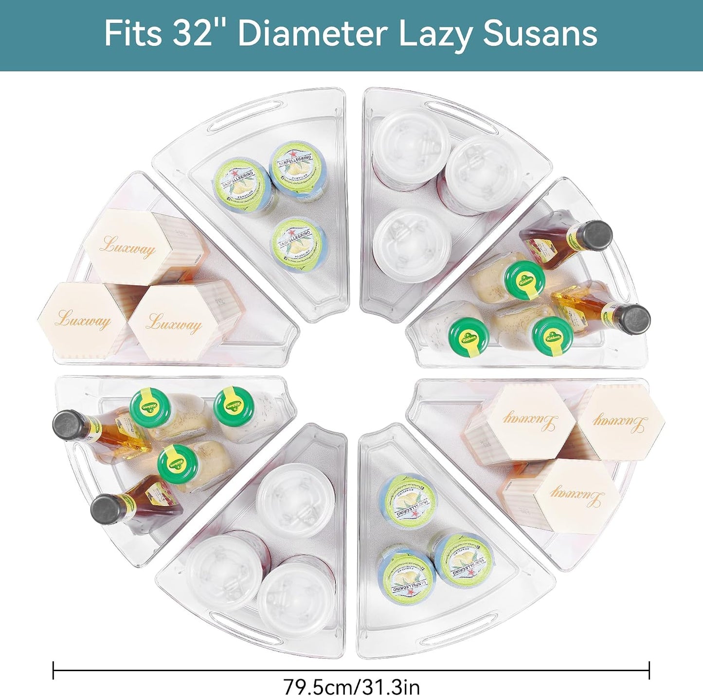 Oubonun Lazy Susan Organizers Set of 6, 11.6’’ x 10.2’’ x 4.1’' Plastic Transparent Kitchen Cabinet Storage Bins with Handle, 4.1" Deep Container, 1/8 Wedge - Food Safe, without BPA