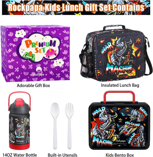 rockpapa Kids Lunch Box Set with 14oz Insulated Water Bottle & Lunch Bag, Leakproof 5.5 Cups Bento Box for School & Children, BPA-Free, Microwave Safe for Boys Girls (Grey Constr Turcks)