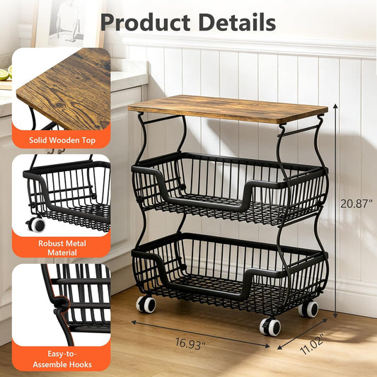 2 Pack 3-Tier Rolling Kitchen Storage Cart Fruit Basket Stand for Vegetables & Snacks Stackable Wire Pantry Floor Organizer with Wheels for Kitchen, Living Room, Bedroom, Office (Black)