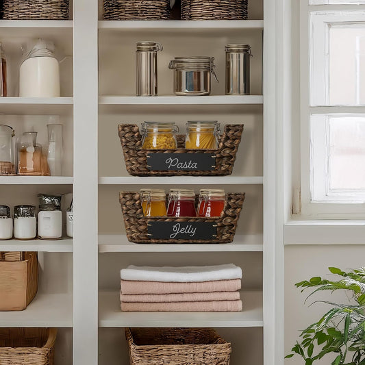 Casafield Set of 2 Water Hyacinth Pantry Baskets with Handles, Chalkboard Labels, and Marker - Espresso, Wide Woven Storage Bin Organizers for Kitchen Shelves