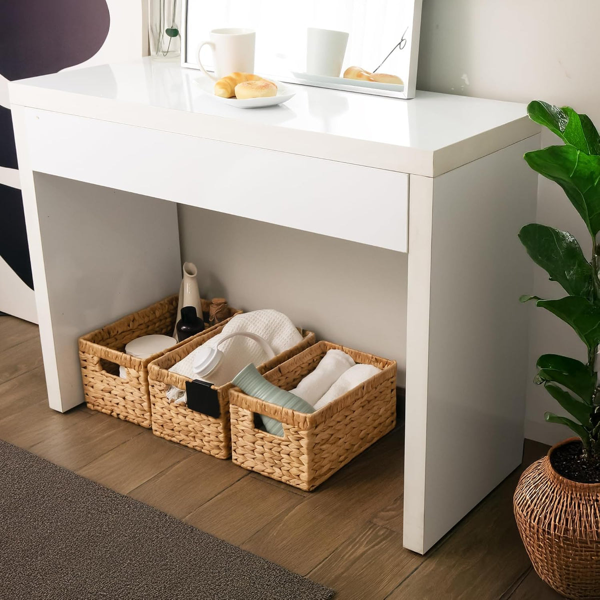 KOKODO Wicker Storage Basket Set of 2, Rectangular Baskets for Shelves with Handles & Chalkboard Labels, Handwoven Water Hyacinth Baskets for Organizing Pantry, Closet & Home.