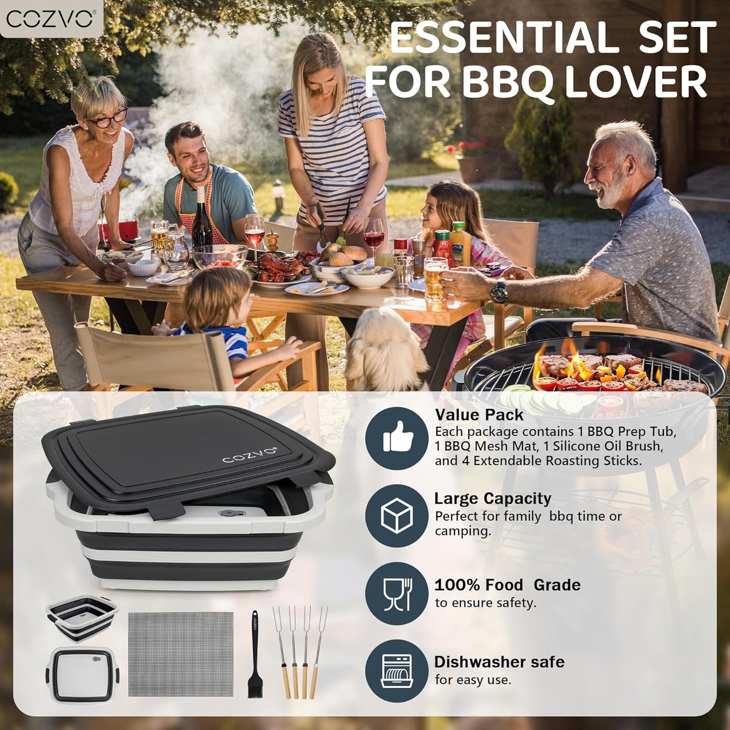 6-in-1 Collapsible BBQ Prep Tub & Marinade Container with Locking Lid | 20" Multifunction Camping Sink, Portable Cutting Board, and Food Storage Bin for Grilling, Picnics, Tailgating - Black