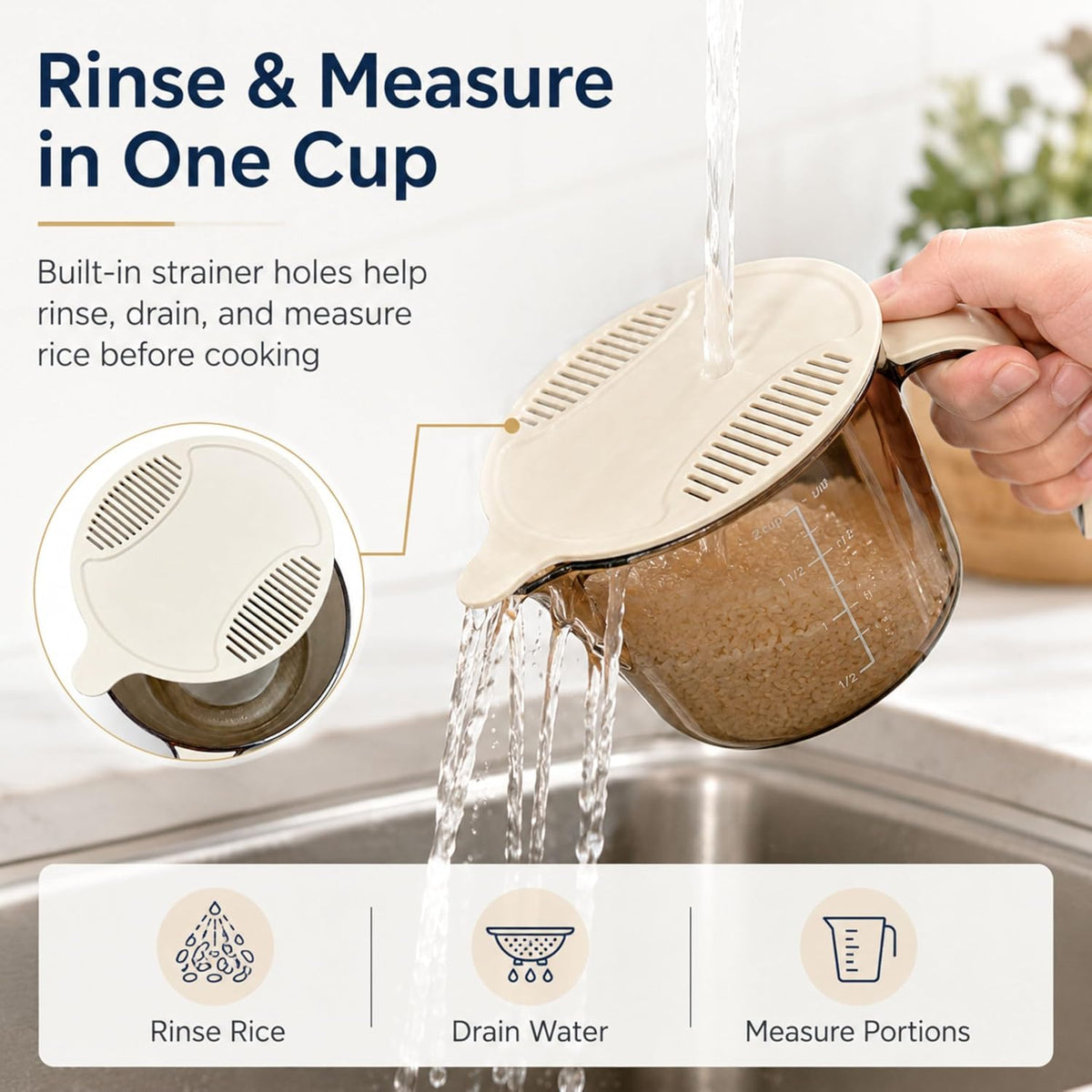 ROOM127 Slim Rice Dispenser 11 Lbs, Airtight Rice Storage Container with Measuring Cup, One-Touch Dry Food & Cereal Dispenser with Clear Window for Kitchen Countertop, Milk Tea Brown