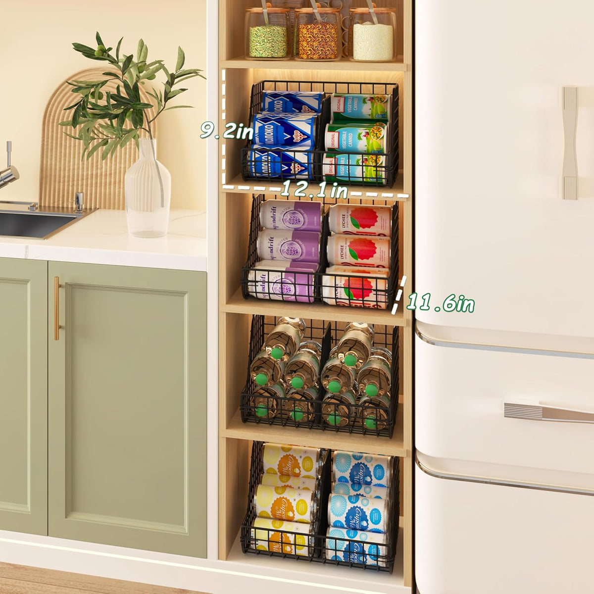 Stacking Can Dispensers 3 Tier with 3 Divider, Large Pantry Can Organizer, Beverage Drink Pop Soda Can Storage Basket, Can Holders for Pantry, Canned Food Rack Wire Bins for Kitchen Cabinet (3-Pack)