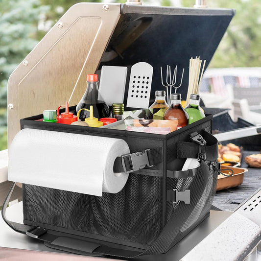 FANGSUN Black Grill Caddy, BBQ Organizer with Lid & Paper Towel Holder, Picnic Griddle Caddy for Outdoor Camping, Barbecue Accessories Organizer, 32L Capacity, Black