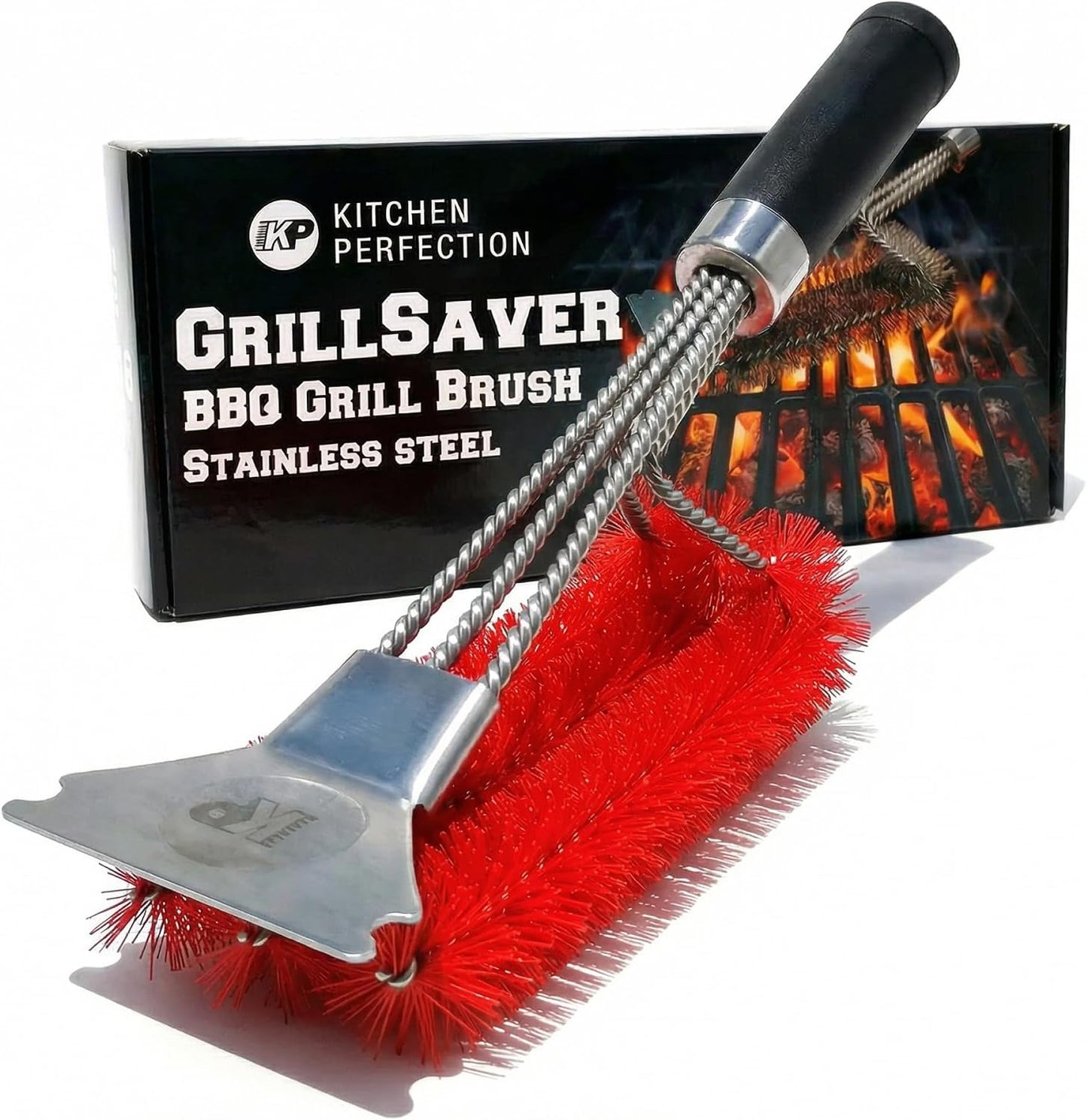 KITCHEN PERFECTION GrillSaver - Safe BBQ Grill Brush for Outdoor Grill with Replaceable Cleaning Head -Heavy-Duty Grill Cleaner with Scraper for All Grates +2 Bonuses -Best Grilling Gifts for Men