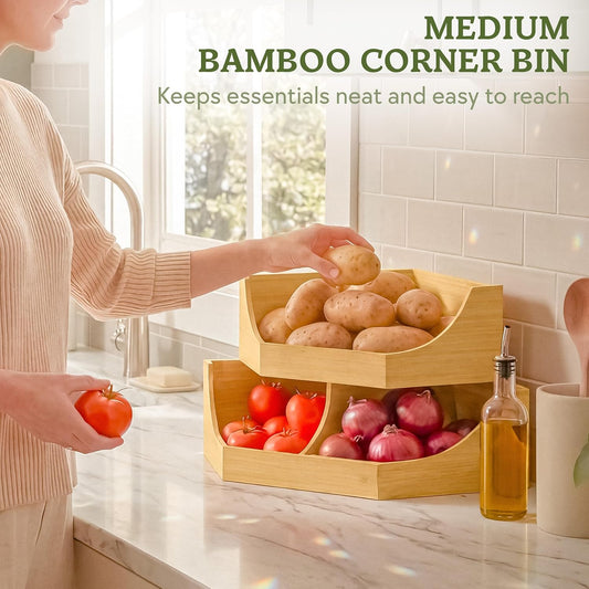 HOMESTEAD Bamboo Corner Storage Bin, 2-Tier Stackable Potato and Onion Storage Bin for Kitchen Counter Corner Shelf, Wooden Produce Storage Pantry Organizer, Fruit & Vegetable Holder, Medium